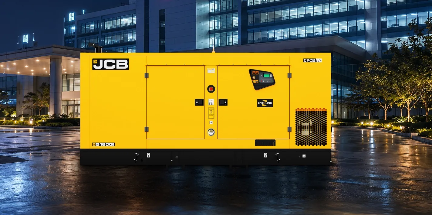 JCB generator set outside an office building at night