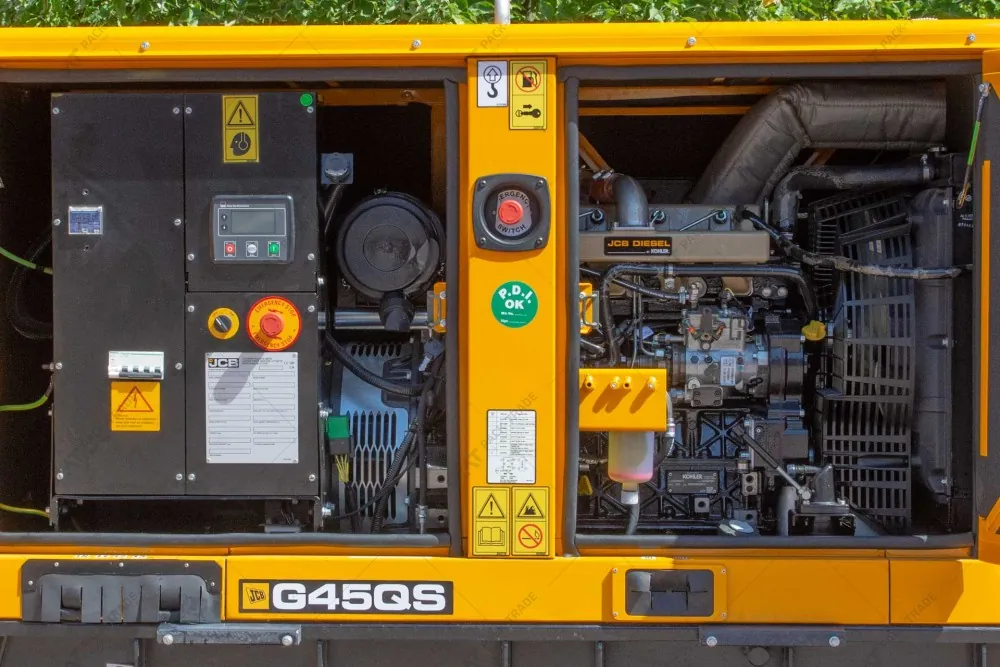 JCB G45QS generator with its canopy doors open